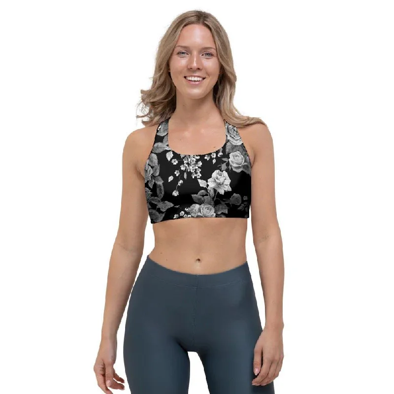 Black And White Rose Flower Sports Bra Lightly Padded Bra