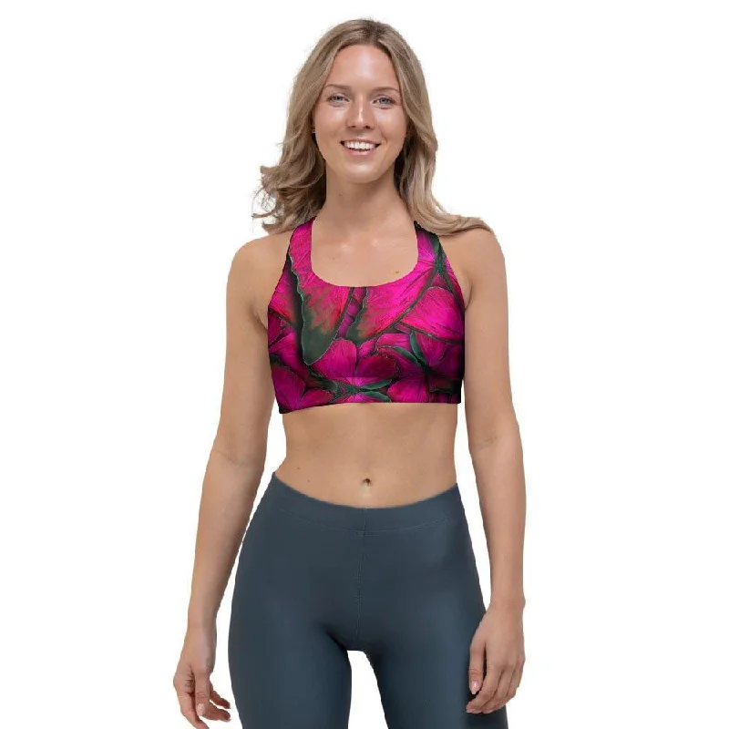 Black Pink Butterfly Print Sports Bra Seamless Push-Up Bra