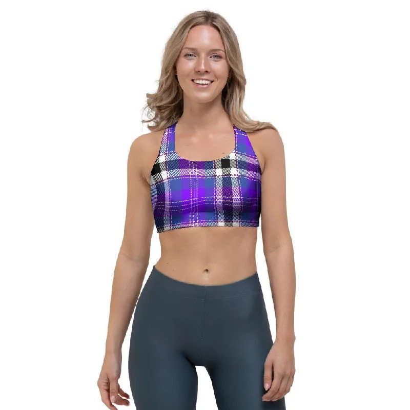 Black Purple Plaid Tartan Sports Bra Supportive Cotton Bra