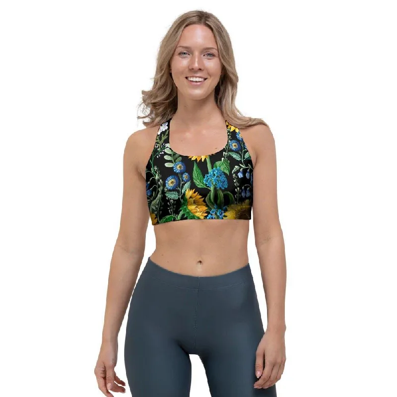 Black Sunflower Floral Sports Bra Soft Padded Bralette