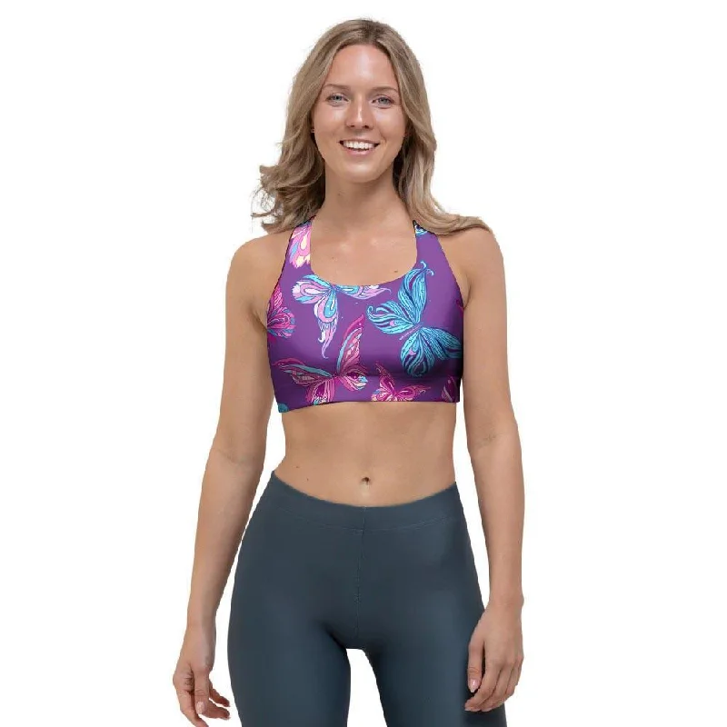 Blue And Pink Butterfly Print Sports Bra Sexy Mesh Bra