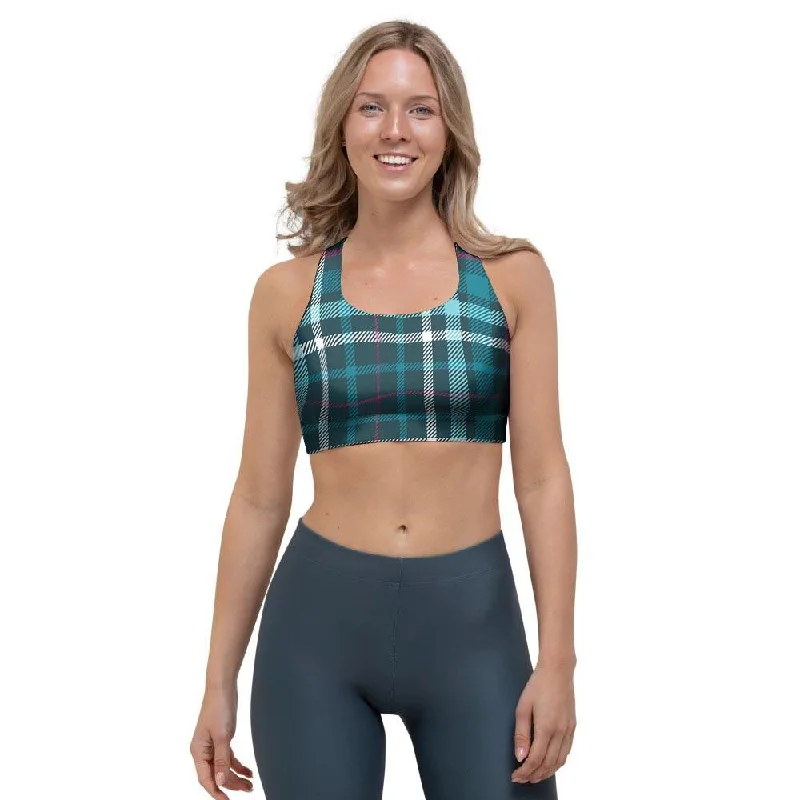 Blue Aqua Plaid Tartan Sports Bra Comfort Fit Bralette