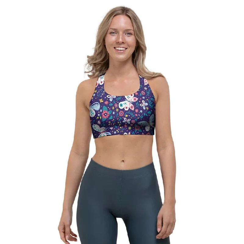 Blue Butterfly Floral Print Sports Bra High Support Bra