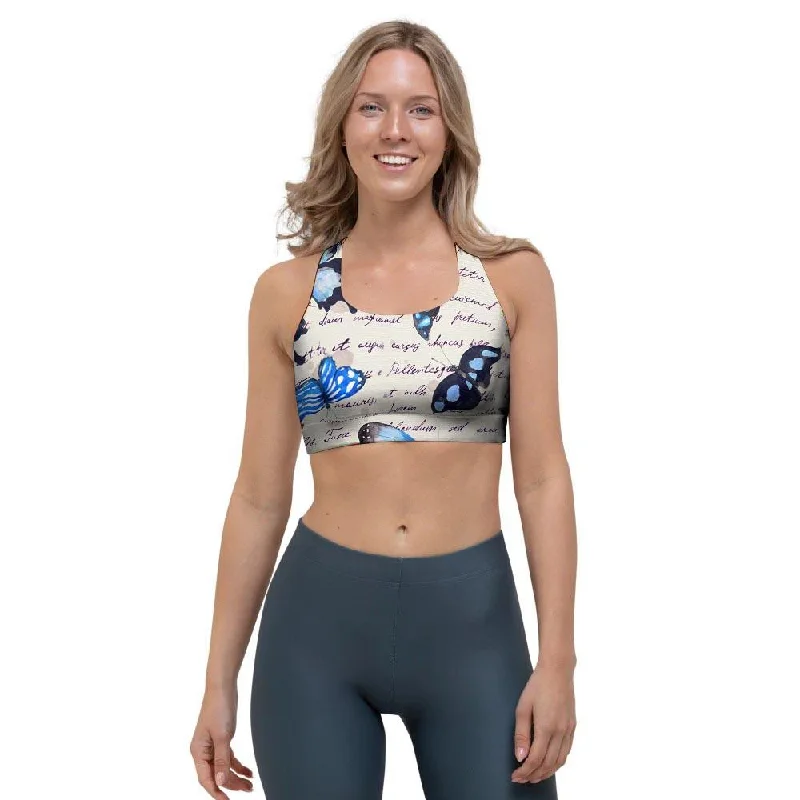 Blue Butterfly Watercolor Print Sports Bra Light Seamless Bra