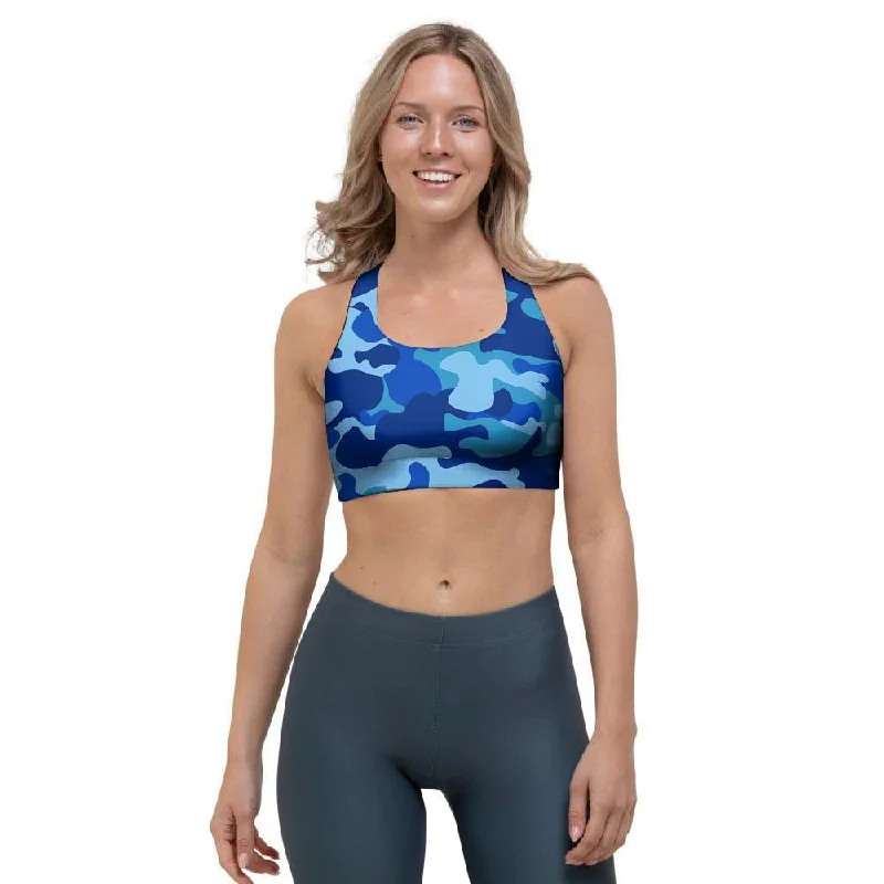 Blue Camo Print Sports Bra Trendy Lace Bra