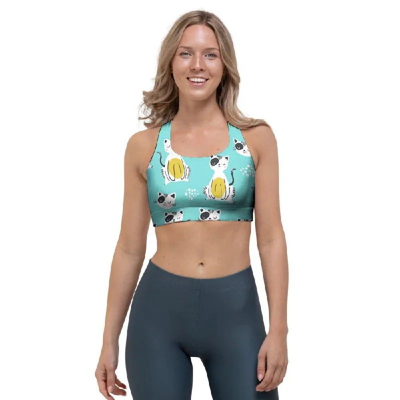 Blue Cat Print Sports Bra Light Padded Bra