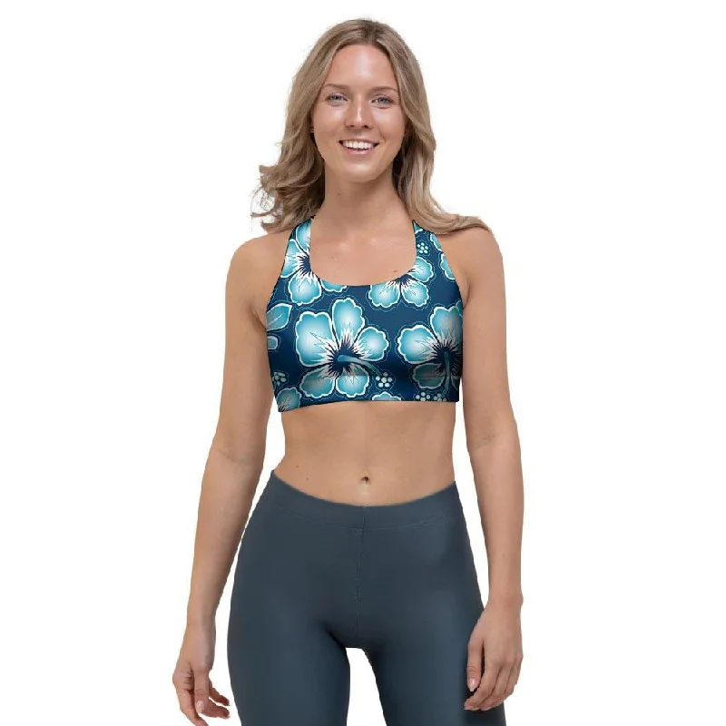 Blue Hibiscus Hawaiian Print Sports Bra Supportive Cotton Bra