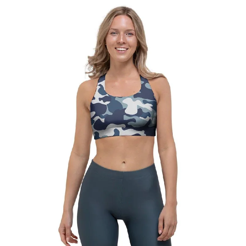 Blue Navy Camo Print Sports Bra Padded Push-Up Bra