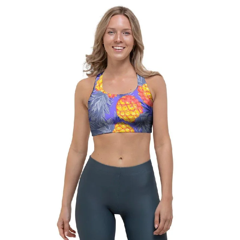 Blue Neon Pineapple Hawaiian Print Sports Bra Full Coverage Bra