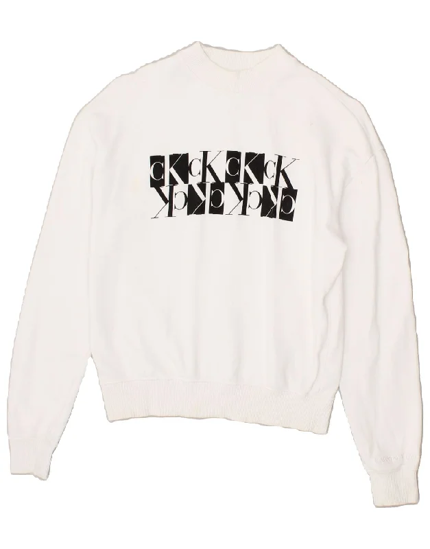 CALVIN KLEIN JEANS Womens Graphic Sweatshirt Jumper UK 6 XS White Cotton Hoodie with Cropped Fit Short Trendy