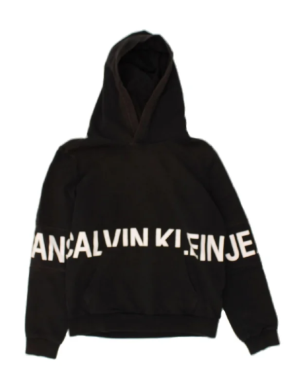 CALVIN KLEIN Womens Graphic Hoodie Jumper UK 14 Large Black Cotton Hoodie with Magnetic Closure Innovative Modern