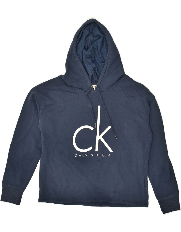 CALVIN KLEIN Womens Graphic Hoodie Jumper UK 14 Medium Navy Blue Cotton Hoodie with Double Zipper Versatile Adjustable