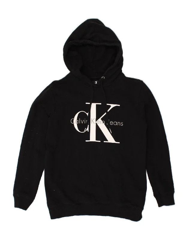 CALVIN KLEIN Womens Graphic Hoodie Jumper UK 6 XS Black Cotton Hoodie with Hem Frayed Vintage Worn