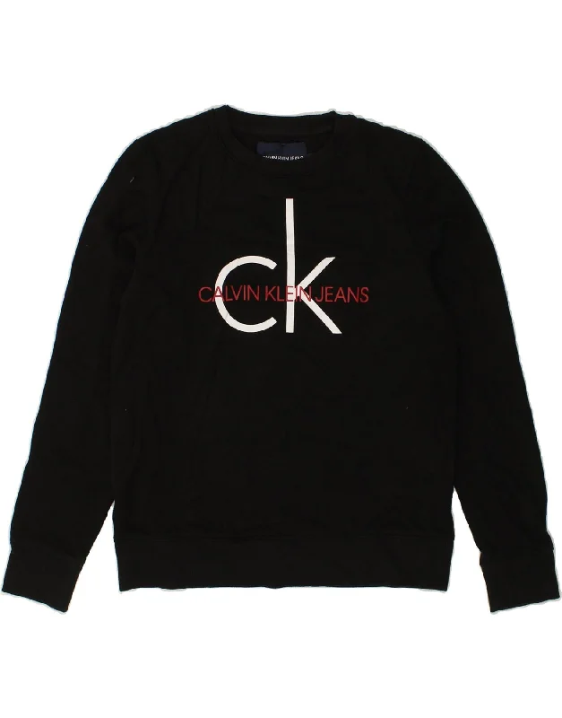 CALVIN KLEIN Womens Graphic Sweatshirt Jumper UK 10 Small Black Hoodie with Patch Decorative Personalized