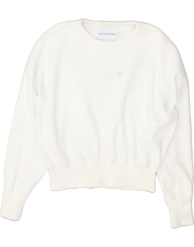 CALVIN KLEIN Womens Graphic Sweatshirt Jumper UK 16 Large White Hoodie with Hem Applique Textured Unique