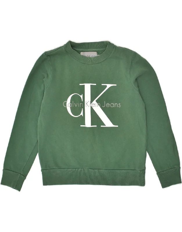 CALVIN KLEIN Womens Graphic Sweatshirt Jumper UK 6 XS Green Cotton Hoodie with Zipper Versatile Modern