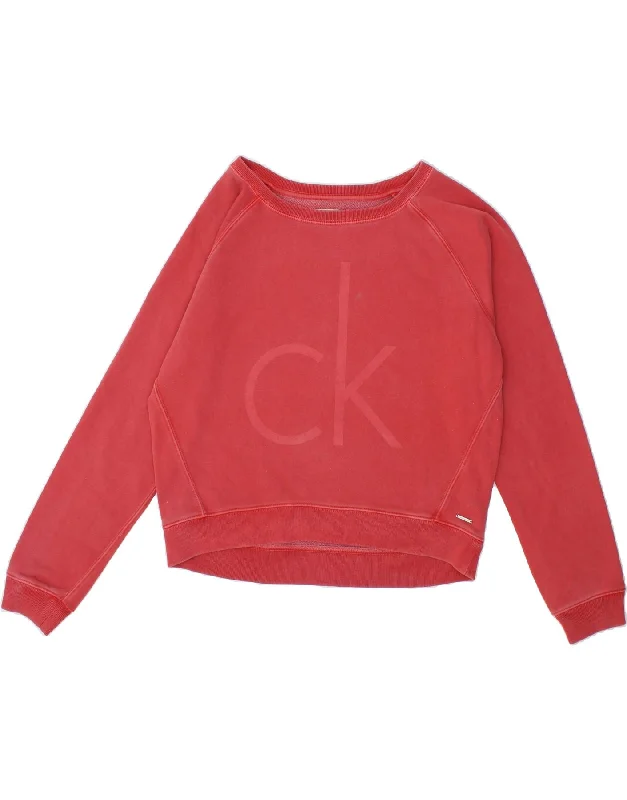 CALVIN KLEIN Womens Oversized Graphic Sweatshirt Jumper UK 10 Small Red Hoodie with Frayed Bohemian Relaxed