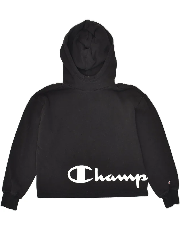 CHAMPION Womens Crop Graphic Hoodie Jumper UK 10 Small Black Cotton Hoodie with Drop Shoulder Relaxed Streetwear