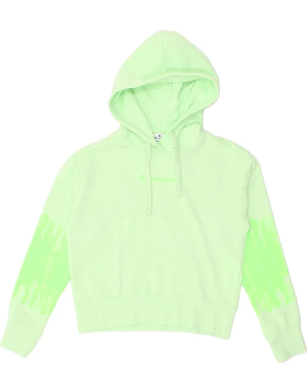 CHAMPION Womens Graphic Hoodie Jumper UK 10 Small Green Cotton Hoodie with Elastic Cuffs Stretchable Comfortable