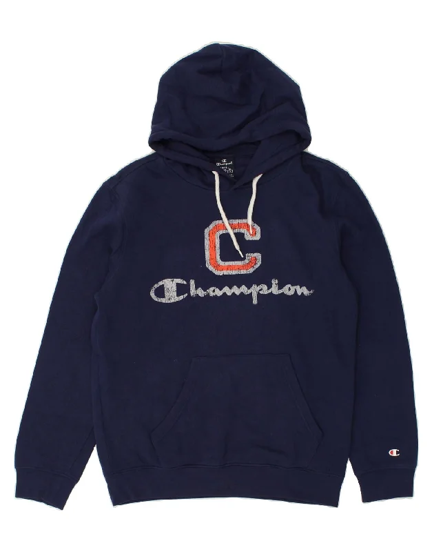 CHAMPION Womens Graphic Hoodie Jumper UK 10 Small Navy Blue Cotton Hoodie with Pocket Utility Practical