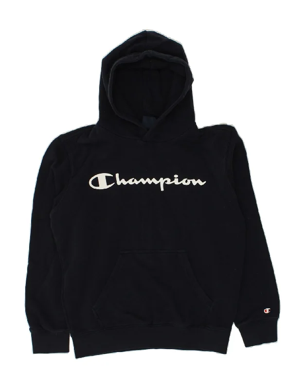 CHAMPION Womens Graphic Hoodie Jumper UK 10 Small Navy Blue Cotton Hoodie with Hem Frayed Vintage Worn