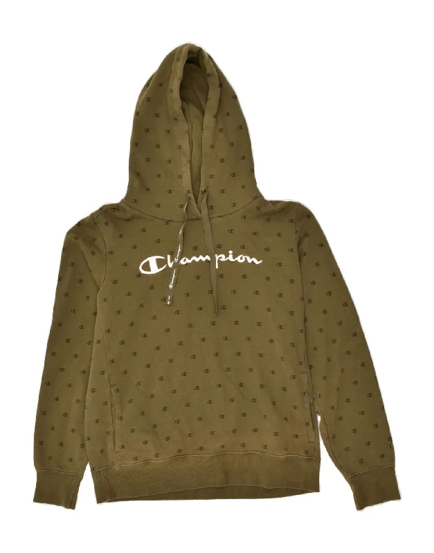 CHAMPION Womens Graphic Hoodie Jumper UK 14 Large Khaki Cotton Hoodie with Logo Branding Identity