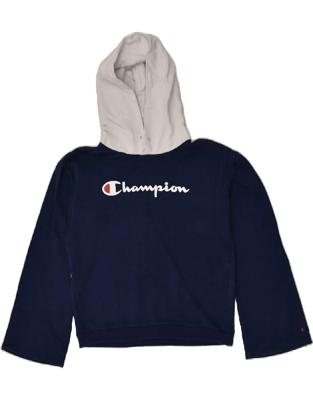 CHAMPION Womens Graphic Hoodie Jumper UK 14 Medium Navy Blue Colourblock Hooded Sweatshirt Casual Wear Street Style