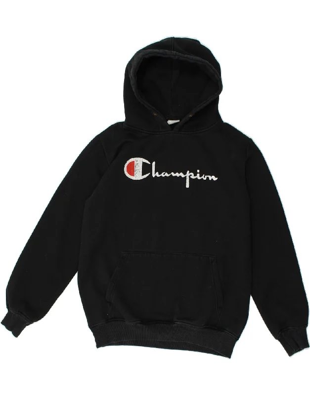 CHAMPION Womens Graphic Hoodie Jumper UK 16 Large Black Cotton Hoodie with Velcro Closure Adjustable Secure