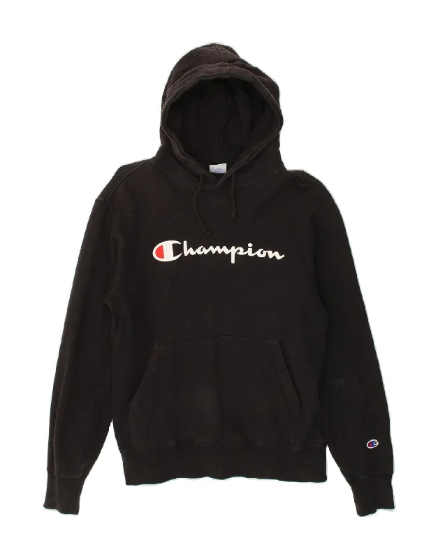 CHAMPION Womens Graphic Hoodie Jumper UK 16 Large Black Hoodie with Bell Sleeves Flared Feminine