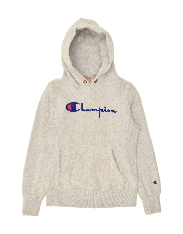 CHAMPION Womens Graphic Hoodie Jumper UK 8 Small Grey Cotton Hoodie Dress Longline Feminine