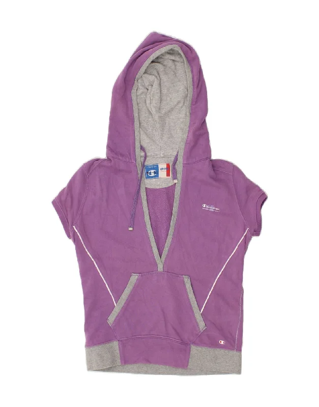 CHAMPION Womens Heritage Short Sleeve Hoodie Jumper UK 10 Small Purple Hoodie with Half-Zip Sporty Casual