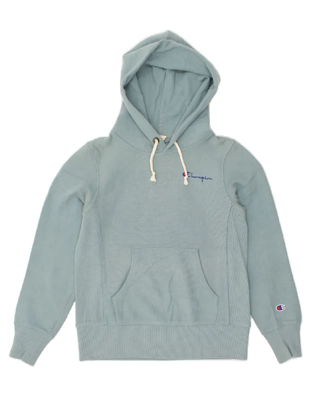 CHAMPION Womens Hoodie Jumper UK 10 Small Blue Cotton Hoodie with Turtle Neck Cozy Winter