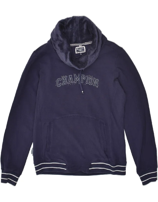 CHAMPION Womens Roll Neck Sweatshirt Jumper UK 16 Large Navy Blue Cotton Hoodie with Relaxed Fit Easy Casual