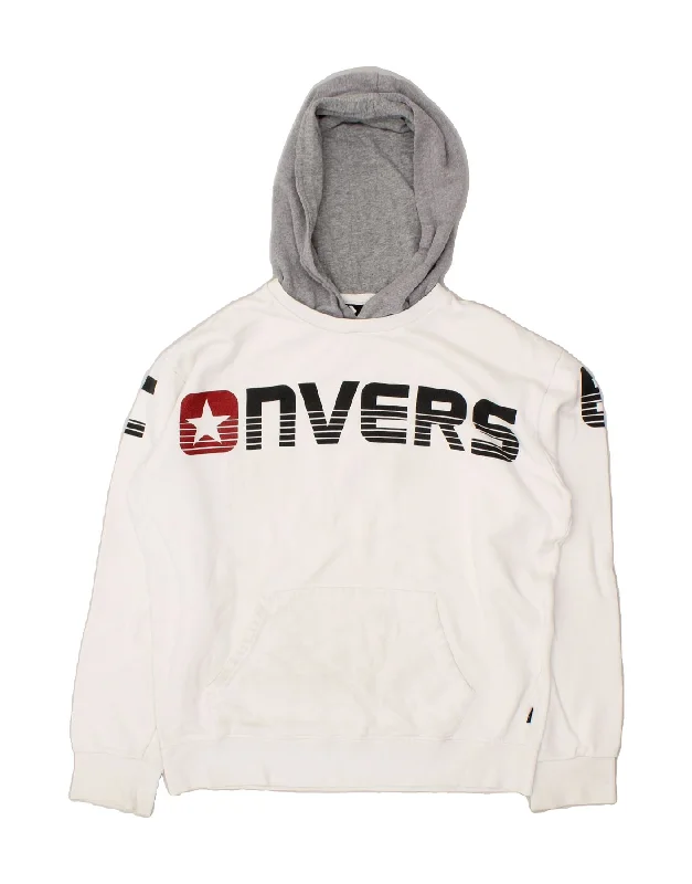 CONVERSE Womens Graphic Hoodie Jumper UK 14 Medium White Colourblock Hoodie with Color Block Contrast Stylish