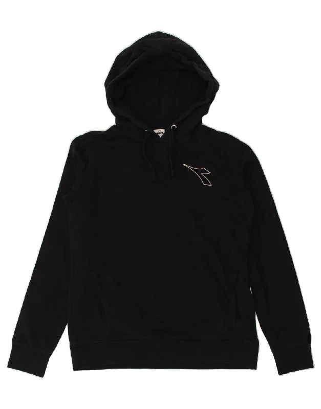 DIADORA Womens Hoodie Jumper UK 16 Large Black Cotton Hoodie with Lace Feminine Delicate