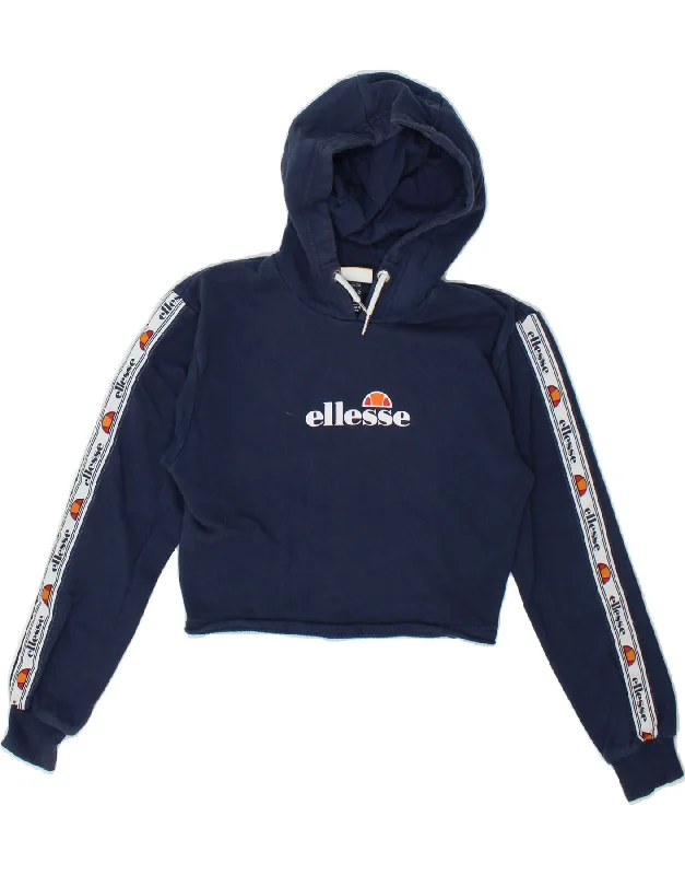 ELLESSE Womens Graphic Crop Hoodie Jumper UK 6 XS Navy Blue Cotton Hoodie with Hem Applique Textured Unique