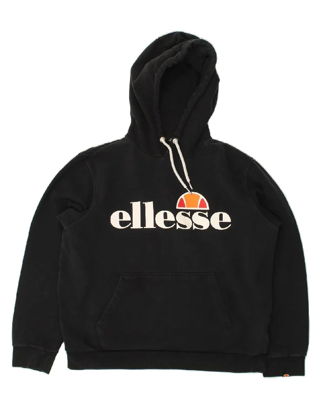 ELLESSE Womens Graphic Hoodie Jumper UK 12 Medium  Black Cotton Hoodie with Emblem Brand Identity