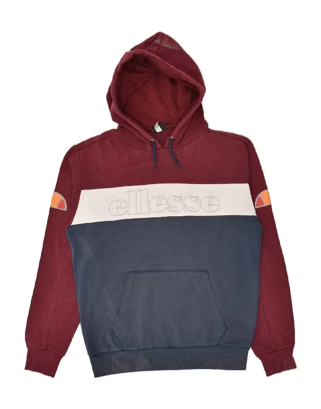 ELLESSE Womens Graphic Hoodie Jumper UK 16 Large Maroon Colourblock Cotton Hoodie with Batwing Sleeves Loose Dramatic