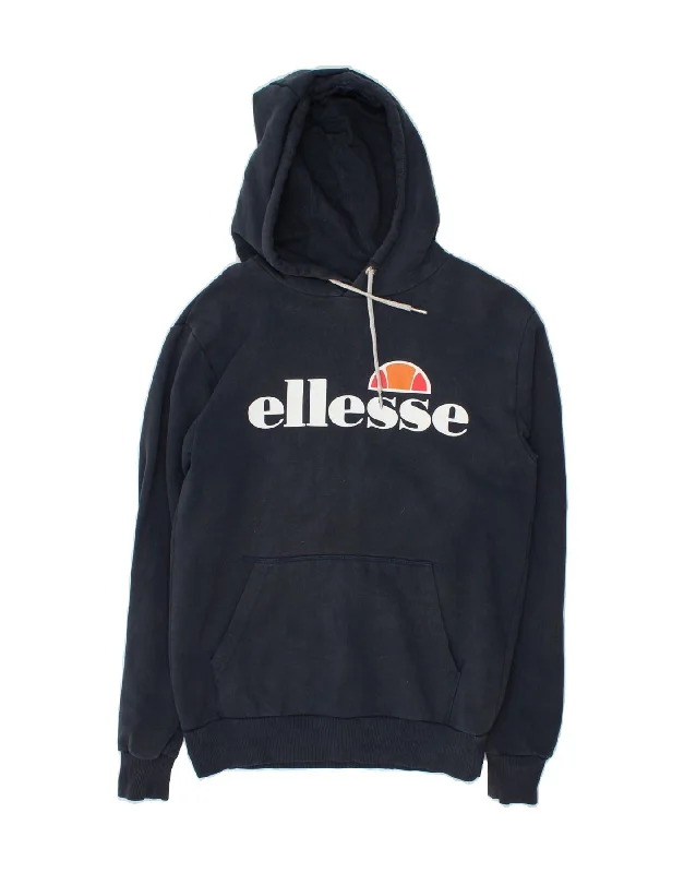 ELLESSE Womens Loose Fit Graphic Hoodie Jumper UK 10 Small Navy Blue Cotton Hoodie Fleece Lining Warmth