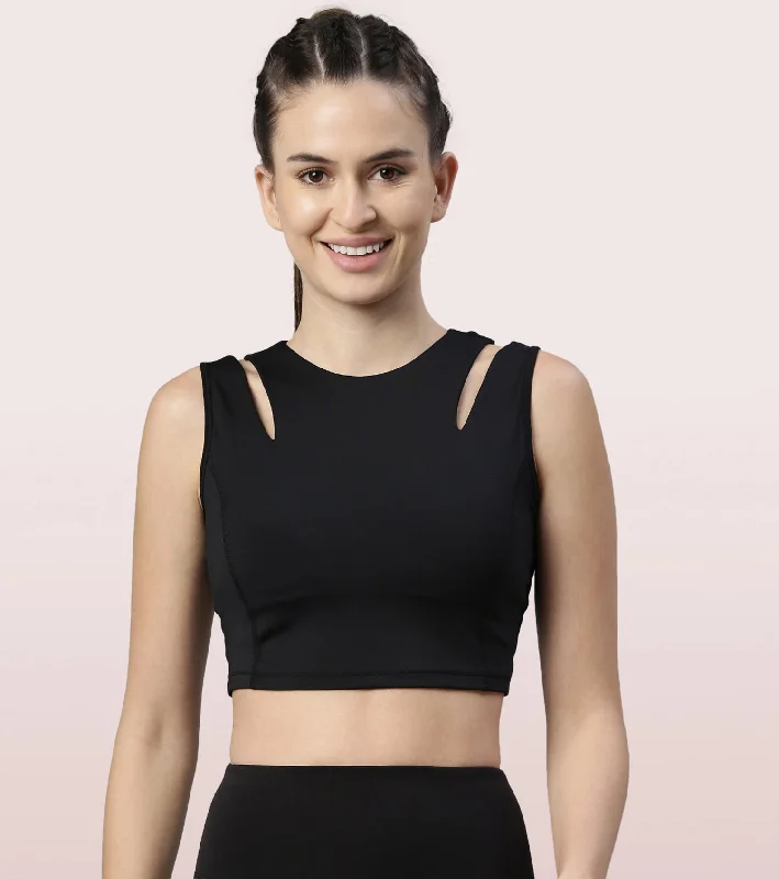 Shelf Bra Crop Vest | Crew Neck Vest With In-Built Shelf Bra Support & Removable Padding Soft Cup Bra