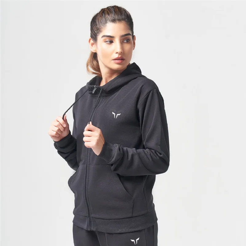 Essential Zip Up Hoodie - Black Hoodie with Hem Patch Decorative Personalized