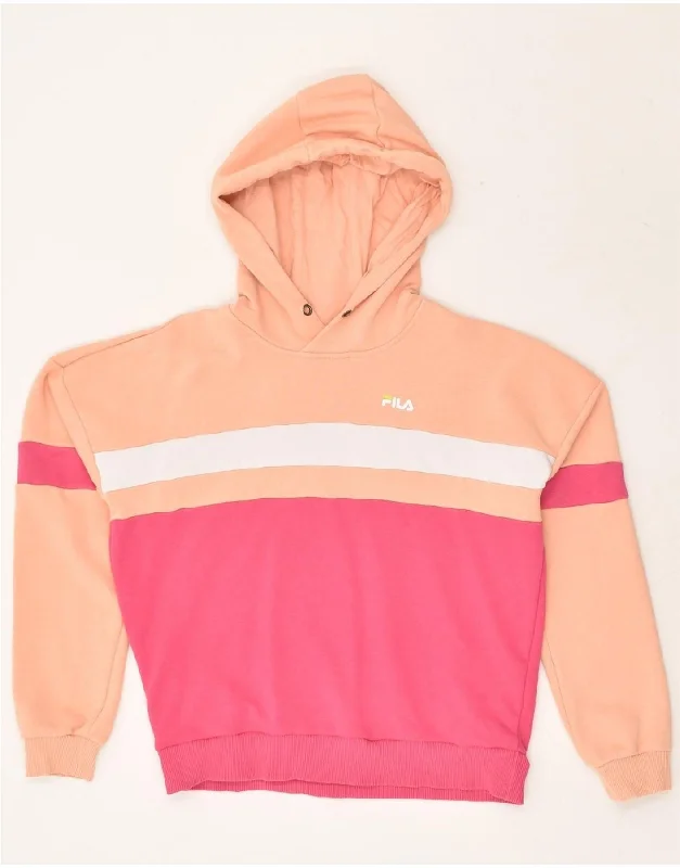 FILA Womens Graphic Hoodie Jumper UK 10 Small Pink Colourblock Cotton Hoodie with Hem Drawcord Adjustable Customizable