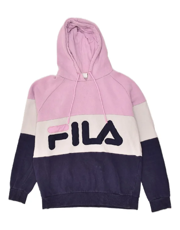 FILA Womens Graphic Hoodie Jumper UK 10 Small Pink Colourblock Cotton Hoodie Sweatshirt Pullover