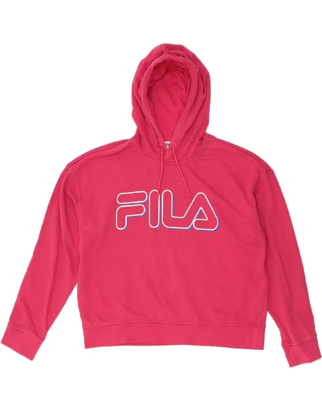 FILA Womens Graphic Hoodie Jumper UK 16 Large Pink Cotton Hoodie with Embroidery Detailed Premium