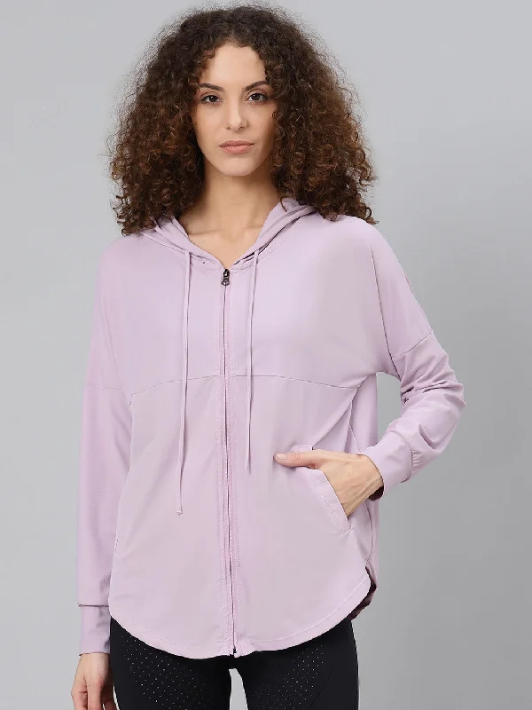 Women's Lavender Solid Hooded Front-Open Training Sweatshirt Hoodie with Ribbed Neckline Snug Warm