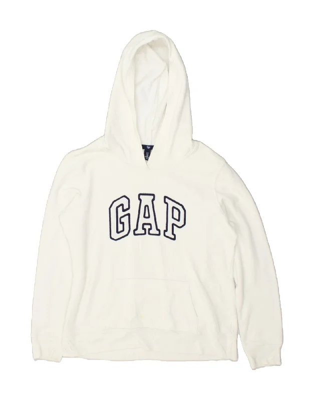 GAP Womens Graphic Hoodie Jumper UK 14 Medium White Cotton Hoodie with Mock Neck Collared Structured