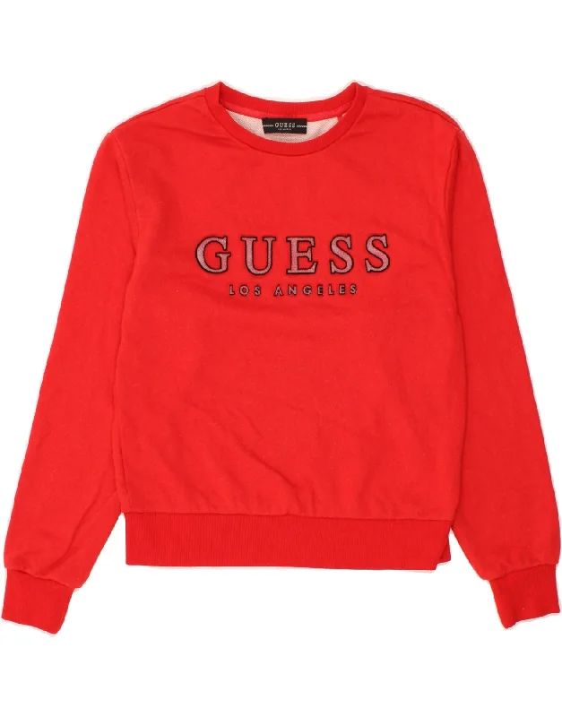 GUESS Womens Graphic Sweatshirt Jumper UK 6 XS Red Hoodie with Ribbed Hem Stretchable Secure