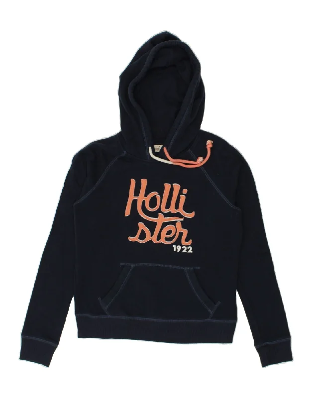 HOLLISTER Womens Graphic Hoodie Jumper UK 6 XS Navy Blue Cotton Hoodie with Thumb Holes Functional Cozy