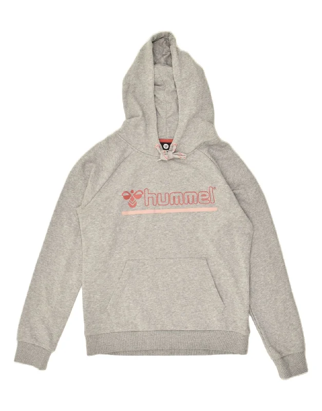 HUMMEL Womens Graphic Hoodie Jumper UK 14 Medium Grey Cotton Hoodie with Metallic Shiny Futuristic