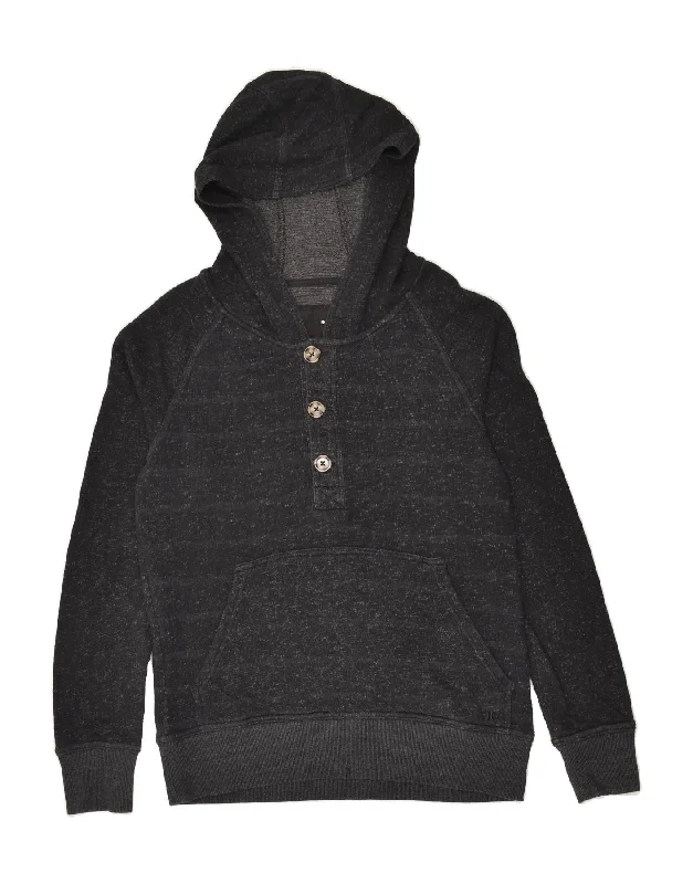 HURLEY Womens Button Neck Hoodie Jumper UK 14 Medium Black Flecked Cotton Hoodie with Stripes Bold Sporty